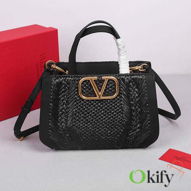 Okify Valentino Garavani Vlogo Raffia Tote Bag In Black 27x11x18cm  - 1