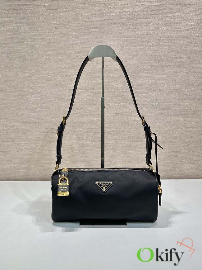 Okify Prada Black Medium Re-Nylon and Leather shoulder bag with padlock 27x12x10.5cm  - 1