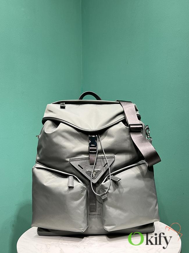 Okify Prada Re-Nylon And Leather Backpack In Grey Gray 38x45x18cm - 1