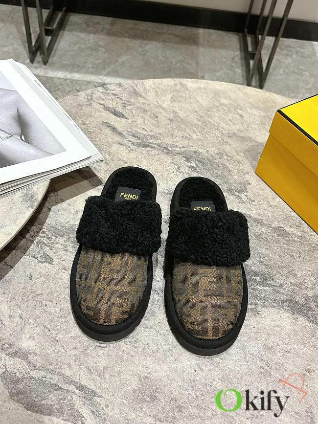 Okify Fendi Black Brown Fur Slippers EU35-41 - 1