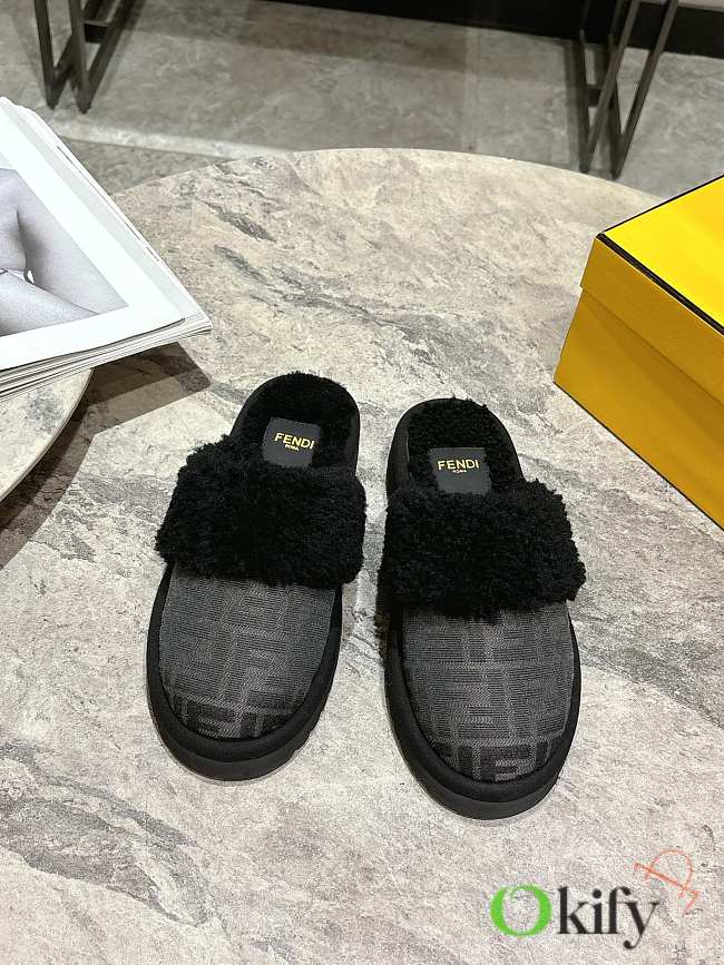 Okify Fendi Black Grey Fur Slippers EU35-41 - 1