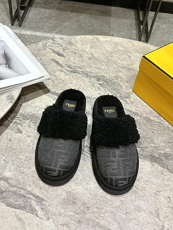 Okify Fendi Black Grey Fur Slippers EU35-41