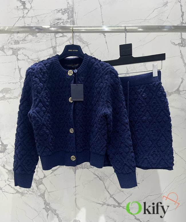 Okify Louis Vuitton Set Blue Cardigan And Wool Skirt SML  - 1