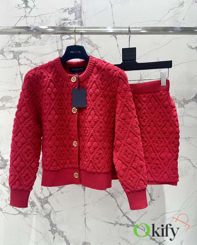 Okify Louis Vuitton Set Red Cardigan And Wool Skirt SML  - 1