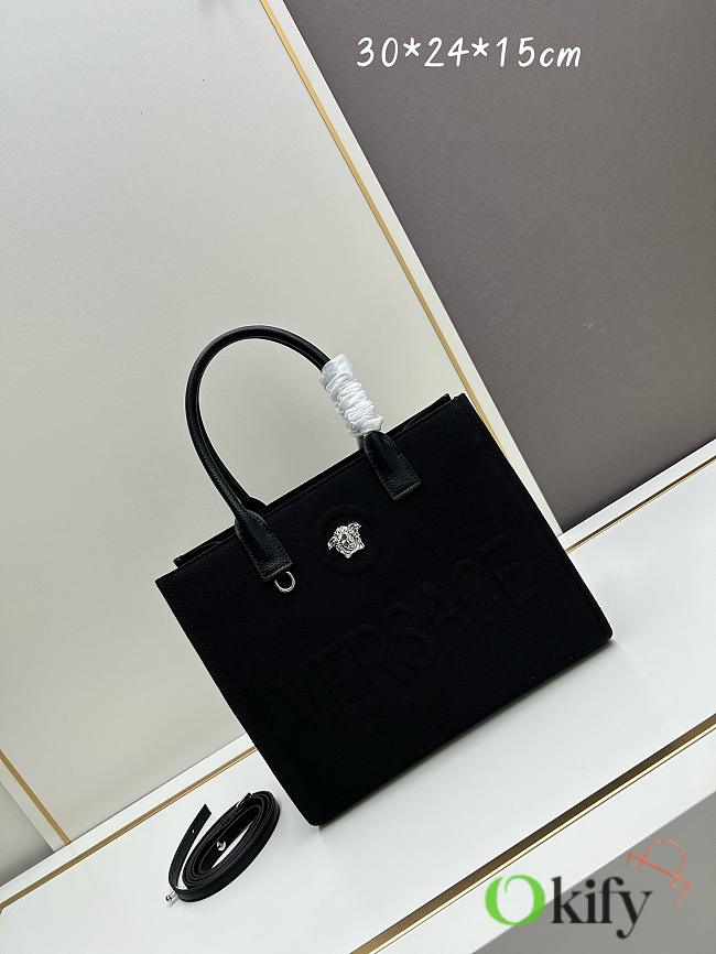 Okify Versace La Medusa Canvas Small Tote Bag In Black With Silver Hardware 29.5x14.5x24cm - 1