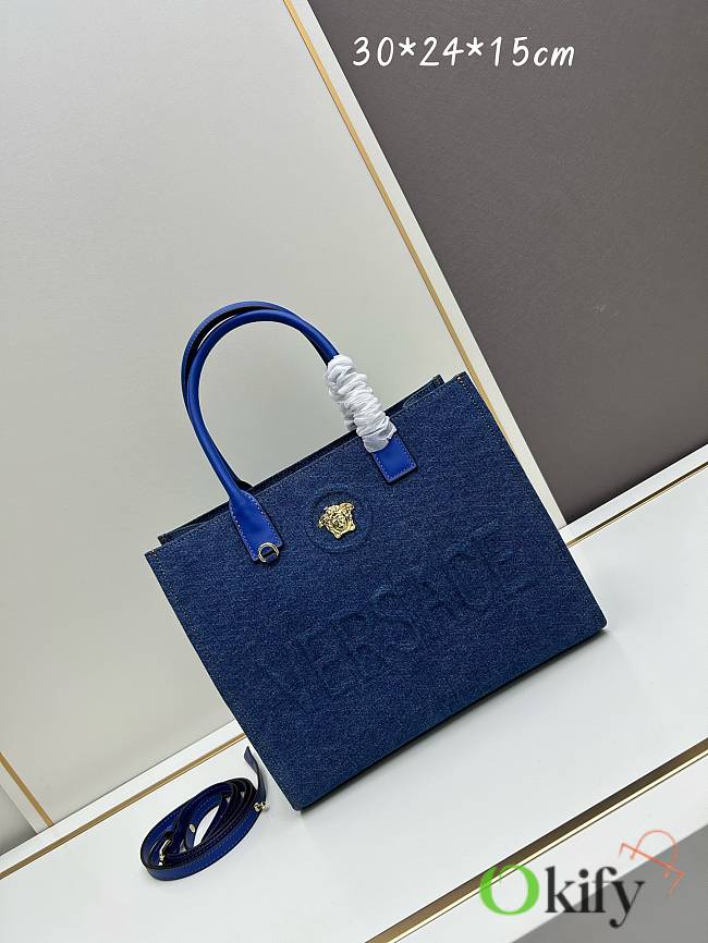 Okify Versace La Medusa Canvas Small Tote Bag In Blue 29.5x14.5x24cm - 1