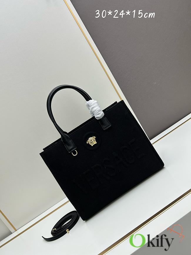 Okify Versace La Medusa Canvas Small Tote Bag In Black With Gold Hardware 29.5x14.5x24cm - 1