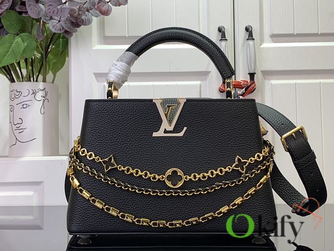 Okify Louis Vuitton Capucines BB Floral Chains In Black Taurillon Leather 17.3x9x27cm M12345 - 1