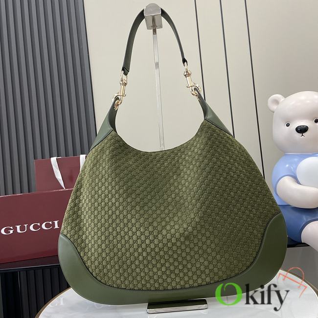 Okify Gucci B Medium Shoulder Bag In Dark Green Suede Embossed And Leather 49x46x4cm  - 1