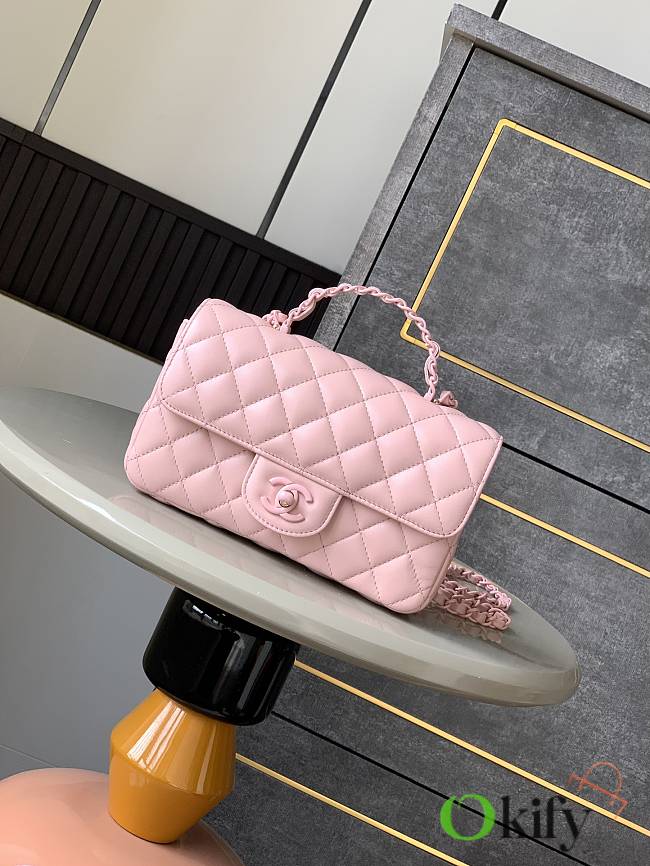 Okify Channel Mini Flap Bag With Handle In Lambskin And Pink Painted Metal 12.5x20x6cm   - 1