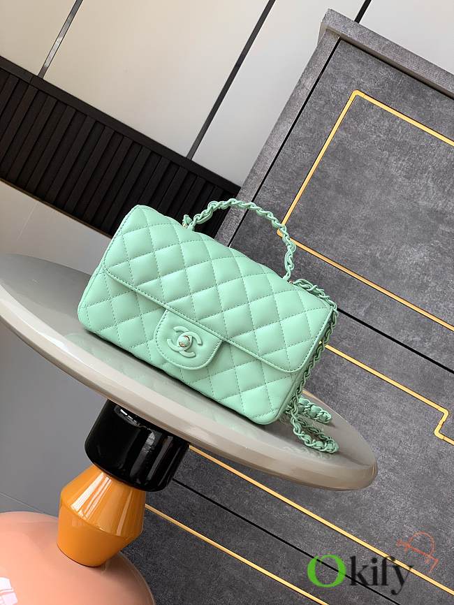 Okify Channel Mini Flap Bag With Handle In Lambskin And Green Painted Metal 12.5x20x6cm   - 1