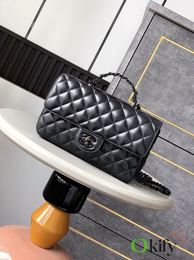 Okify Channel Flap Bag With Handle In Lambskin And Black Painted Metal 23cm  - 1