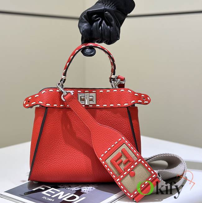 Okify Fendi Mini Peekaboo Selleria Bag With Hand-sewn Stitches In Red 23x7x18cm   - 1