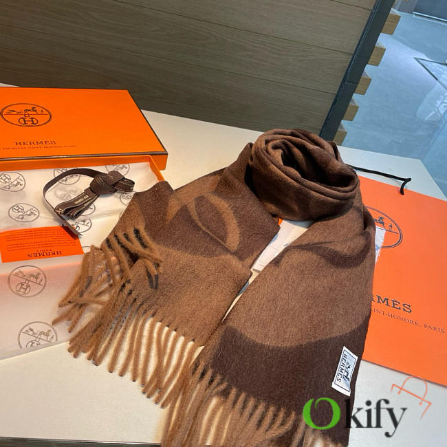 Okify Hermes Brown Cashmere Scarf 30x180cm 20350 - 1