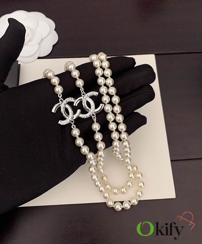 Okify Channel Pearl Silver Long Necklace 20383 - 1