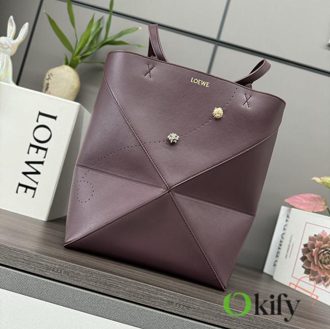 Okify Loewe Medium Puzzle Fold Tote Bag In Burgundy Shiny Calfskin 25.5x14.5x31.5cm 20534 - 1