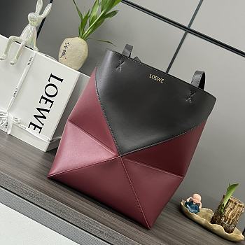 Okify Loewe Medium Puzzle Fold Tote Bag In Dark Red And Black Shiny Calfskin 25.5x14.5x31.5cm