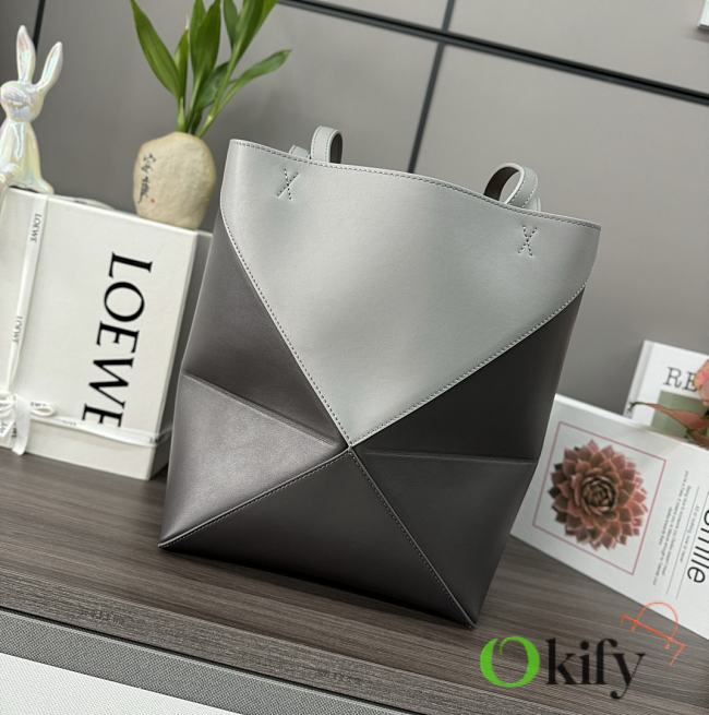 Okify Loewe Medium Puzzle Fold Tote Bag In Two Tones Of Grey Gray Shiny Calfskin 25.5x14.5x31.5cm - 1