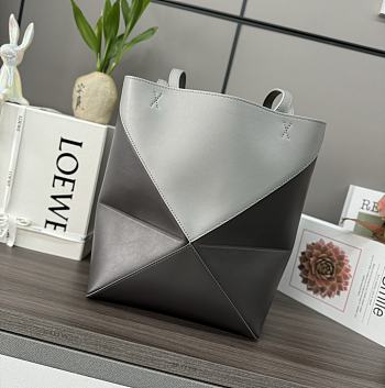 Okify Loewe Medium Puzzle Fold Tote Bag In Two Tones Of Grey Gray Shiny Calfskin 25.5x14.5x31.5cm