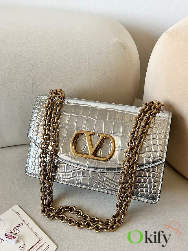 Okify Valentino Garavani Vain Bag In Silver Crocodile Patent 24x16x8cm  - 1