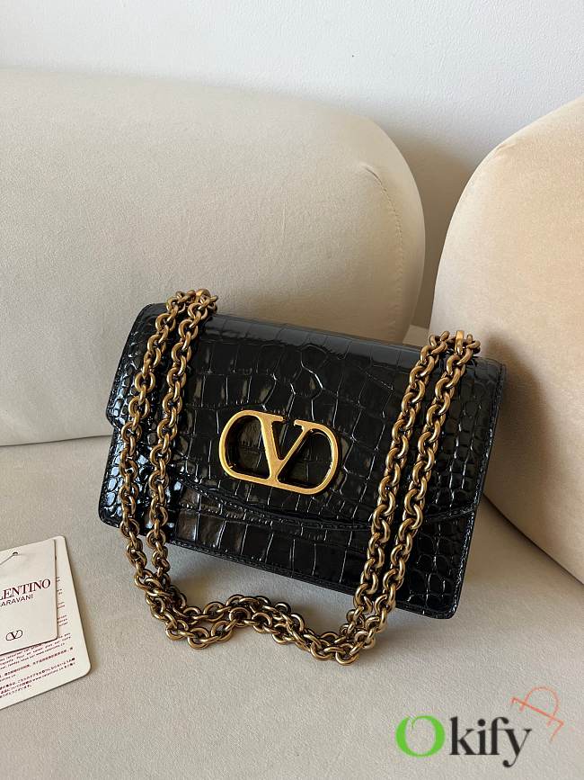 Okify Valentino Garavani Vain Bag In Black Crocodile Patent 24x16x8cm  - 1