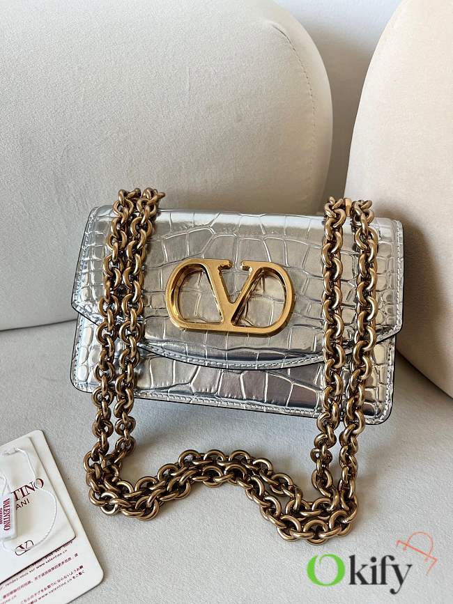 Okify Valentino Garavani Vain Bag In Silver Crocodile Patent 19.5x13x7cm - 1