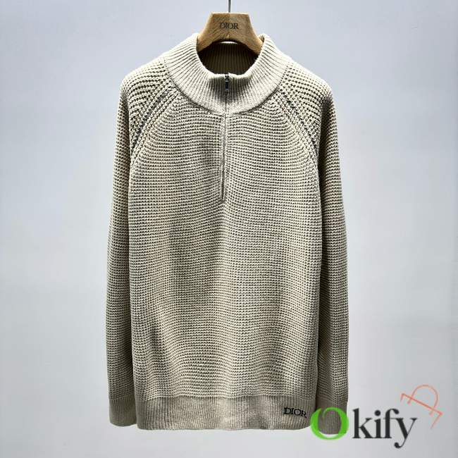 Okify Dior Zip Collar Sweater In White Virgin Wool Knit S-XL  - 1