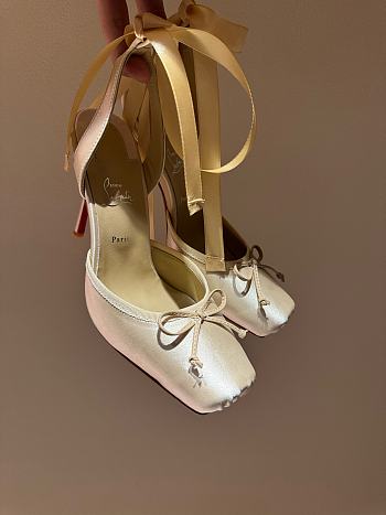 Okify Christian Louboutin Cassia Lace Up Blush Crepe Satin Heels In Beige 11cm