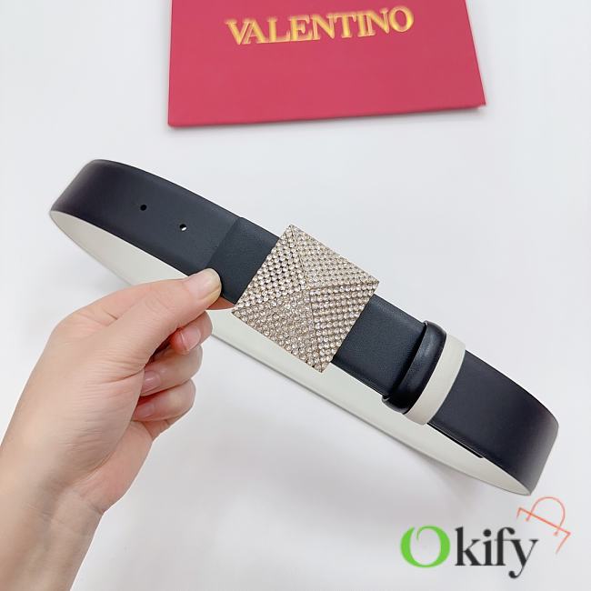 Okify Valentino Pyramid Diamond Buckle Belt In Black 4cm - 1