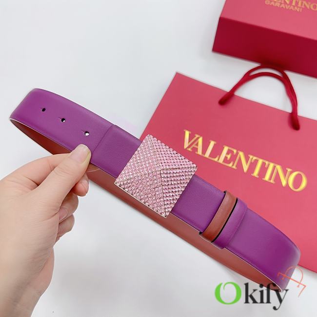 Okify Valentino Pyramid Diamond Buckle Belt In Purple And Brown 4cm - 1