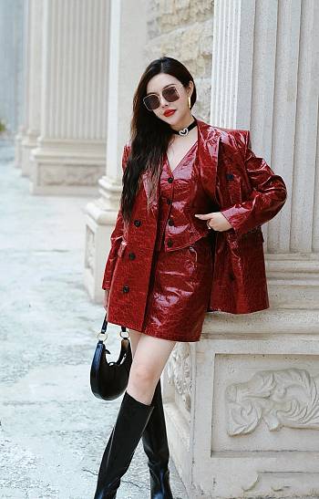 Okify YSL Set Of Red Leather Tank Top, Skirt And Jacket SML 