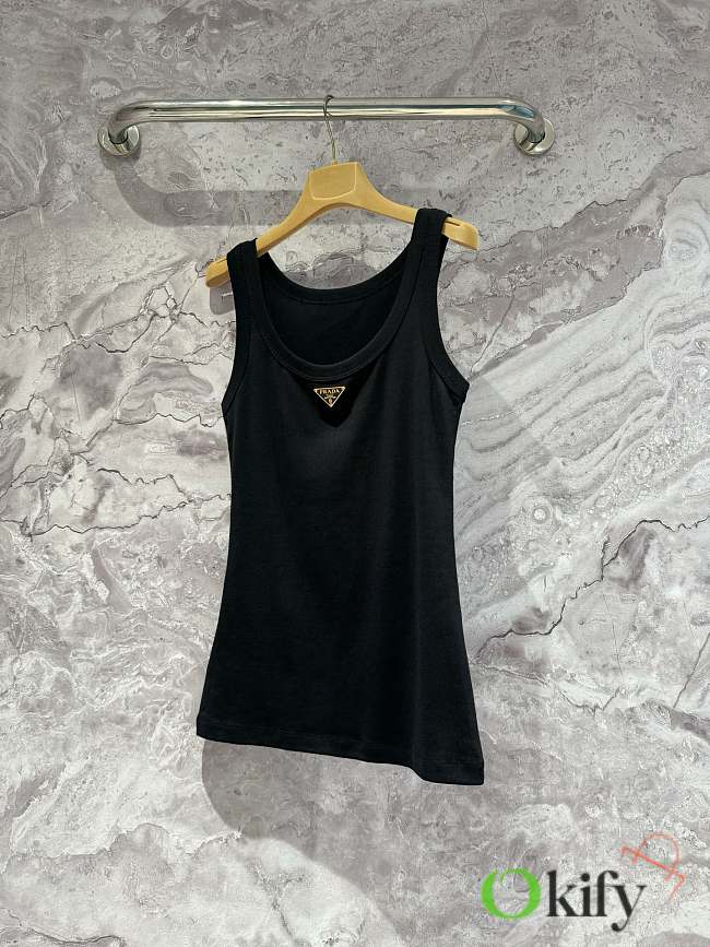 Okify Prada Black Tank Top With Gold Logo SML  - 1