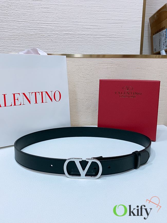 Okify Valentino Silver Buckle Black Belt 3cm 21377 - 1