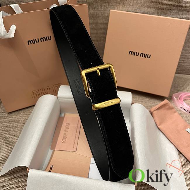 Okify MiuMiu Gold Buckle Black Suede Belt 3.5cm 21389 - 1