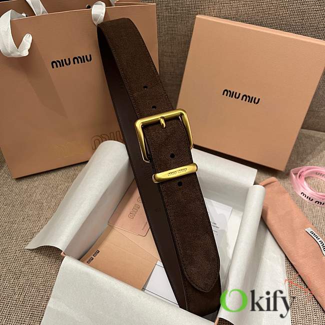 Okify MiuMiu Gold Buckle Dark Brown Suede Belt 3.5cm 21390 - 1