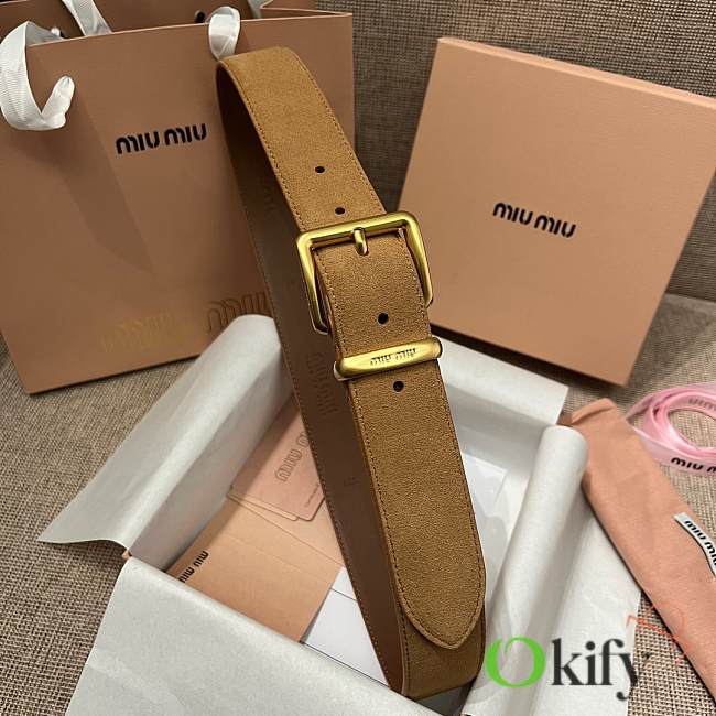 Okify MiuMiu Gold Buckle Light Brown Suede Belt 3.5cm 21391 - 1