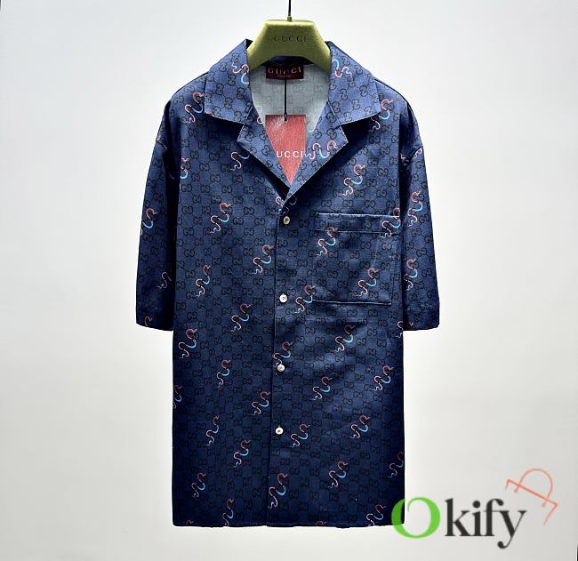 Okify Gucci Dark Blue Short Sleeve Shirt With Snake S-XL  - 1