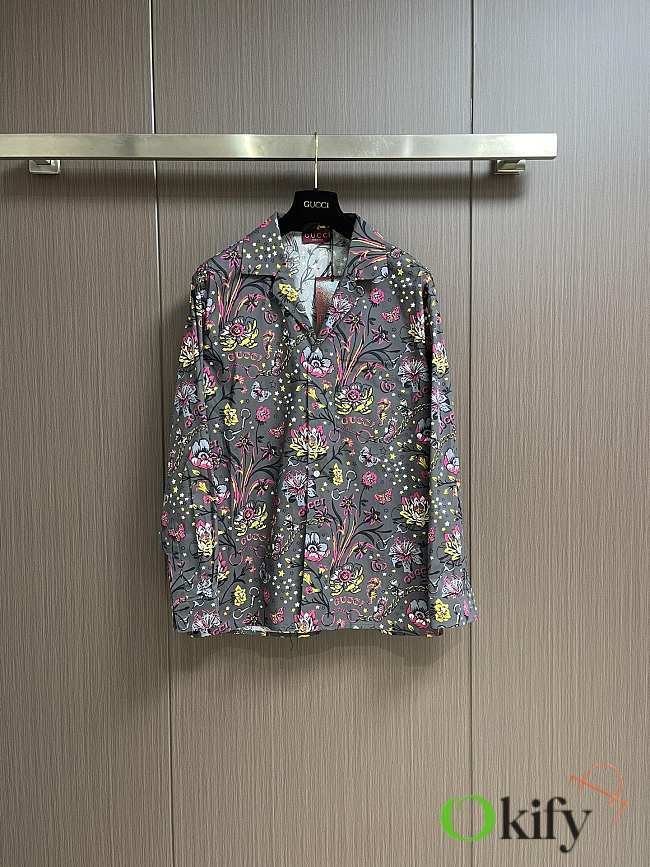 Okify Gucci Gray Short Sleeve Shirt With Flowers S-XL  - 1