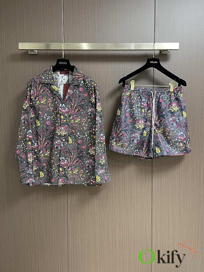 Okify Gucci Set Of Gray Shirt And Shorts With Flowers S-XL  - 1