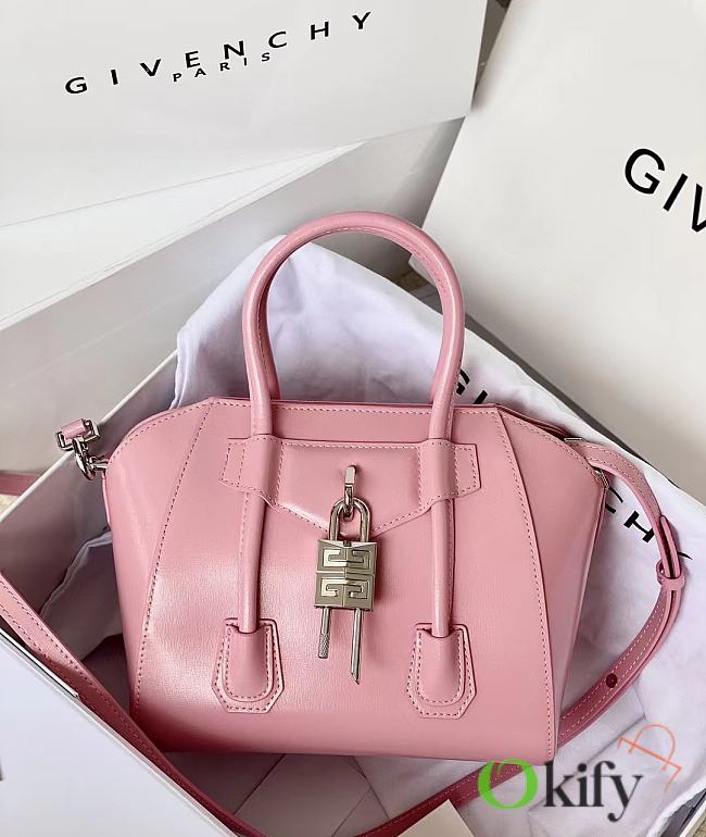 Okify Givenchy Mini Antigona Lock Bag In Pink Box Leather 20x22x13cm  - 1