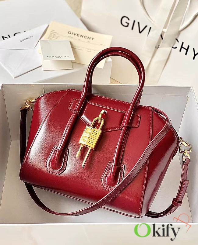 Okify Givenchy Mini Antigona Lock Bag In Dark Red Box Leather 20x22x13cm  - 1