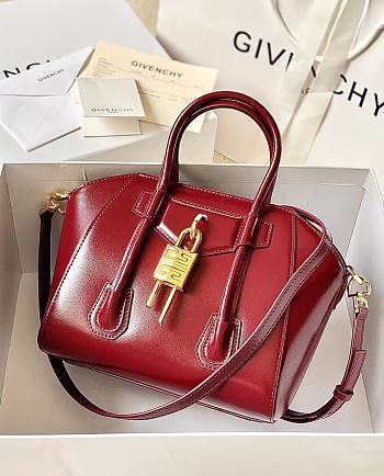 Okify Givenchy Mini Antigona Lock Bag In Dark Red Box Leather 20x22x13cm 