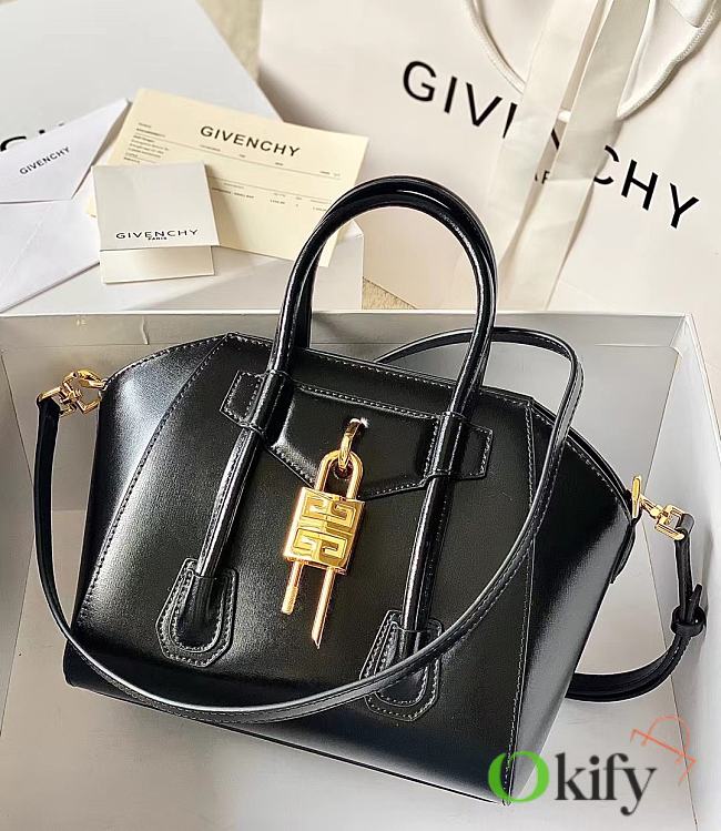 Okify Givenchy Mini Antigona Lock Bag In Black Box Leather With Gold Hardware 20x22x13cm  - 1