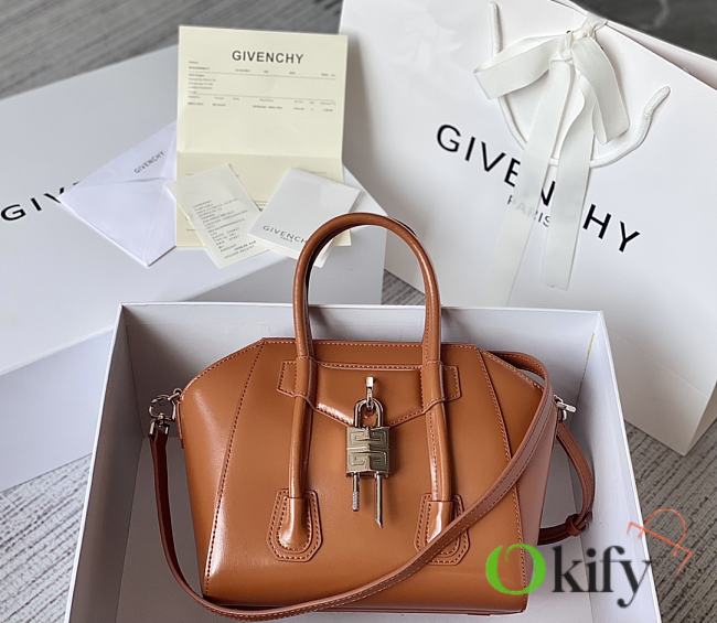 Okify Givenchy Mini Antigona Lock Bag In Brown Box Leather 20x22x13cm  - 1