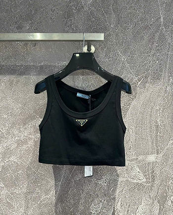 Okify Prada Gold Logo Black Crop Top 