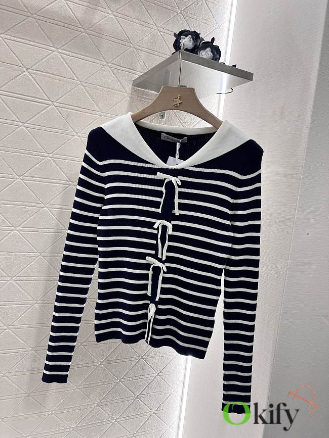 Okify Dior Shawl Collar Striped Knit Blue Top SML  - 1