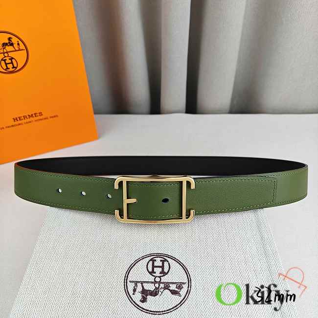 Okify Hermes Green And Black Belt With Silver/Gold Buckle 32mm 21886 - 1