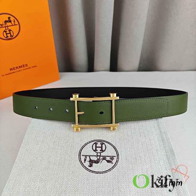 Okify Hermes Green And Black Belt With Silver/Gold Buckle 32mm 21887 - 1