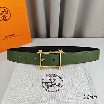 Okify Hermes Green And Black Belt With Silver/Gold Buckle 32mm 21887