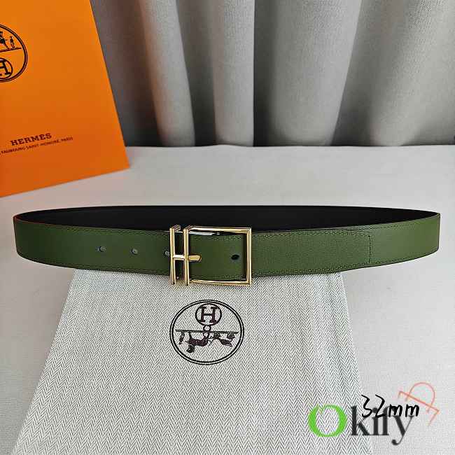 Okify Hermes Green And Black Belt With Silver/Gold Buckle 32mm 21888 - 1